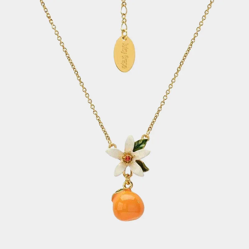Orange Enamel Necklace - 18K Gold-Plated Engraved - OOAKB