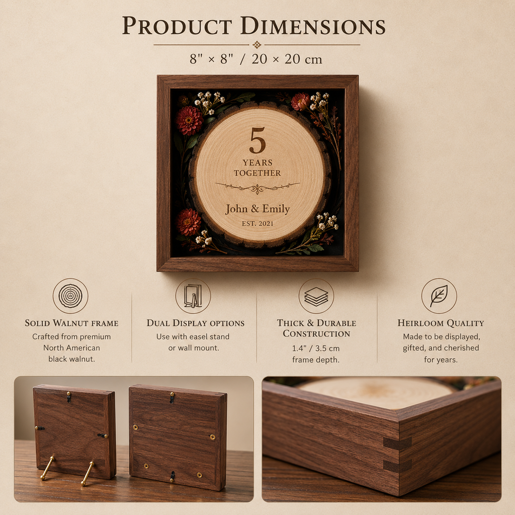 Custom Wood Slice Engraved Shadow Box Frame · Personalized Anniversary Gift