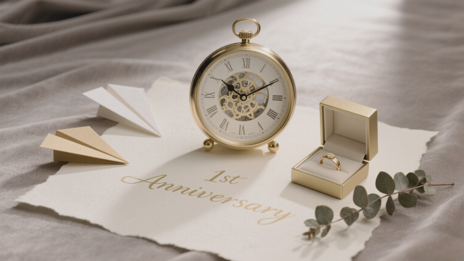 Gold pocket watch, paper planes, and a diamond ring center around “1st Anniversary” lettering, creating a romantic set to mark the first year of marriage. Ideal for commemorating the initial chapter of lifelong love. 