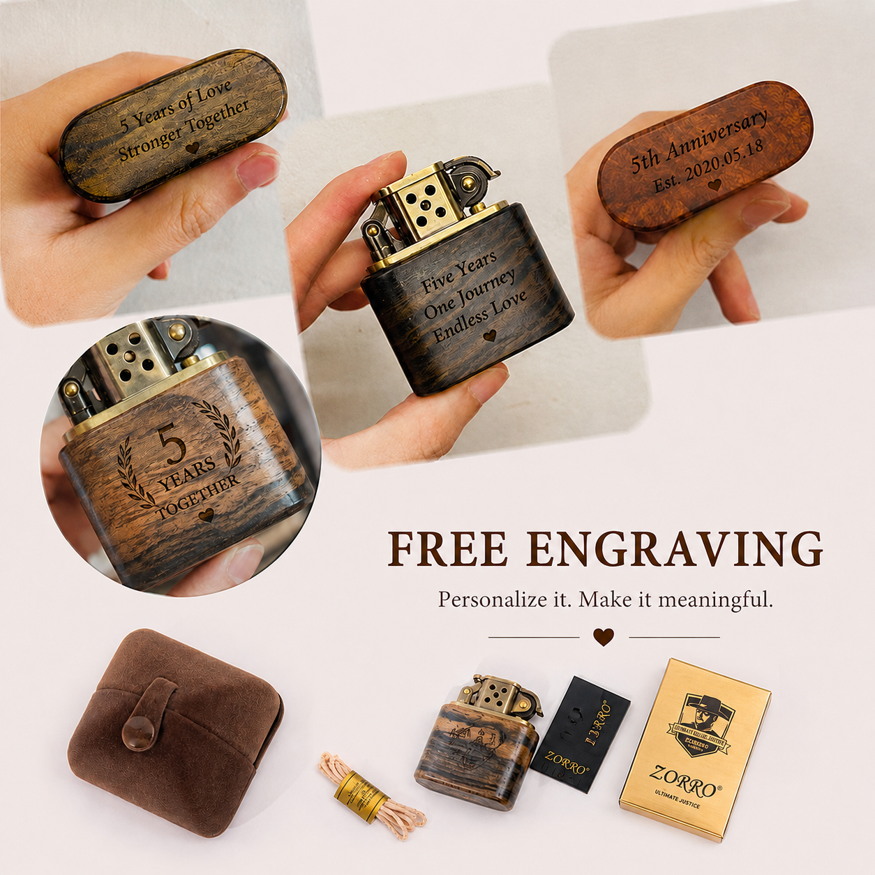 Personalized Wooden Vintage Lighter – 5th Wood Anniversary Gift