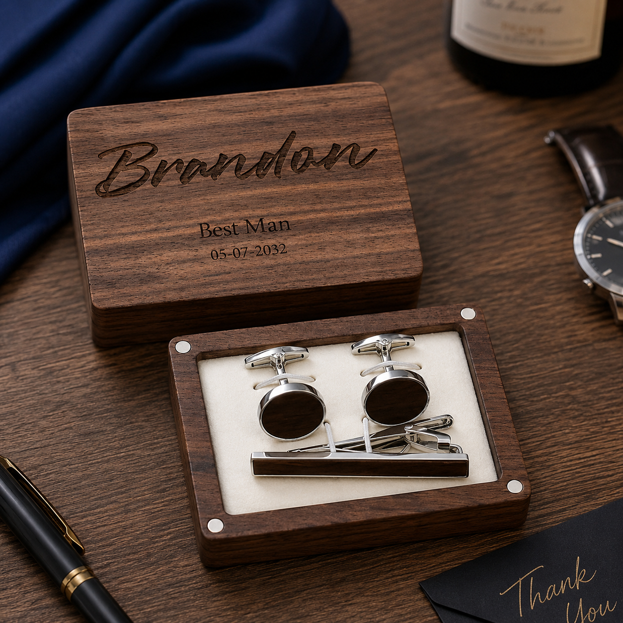 Personalized Wood Cufflink Gift Box for Him – Custom 5th Wedding Anniversary Gift for Husband