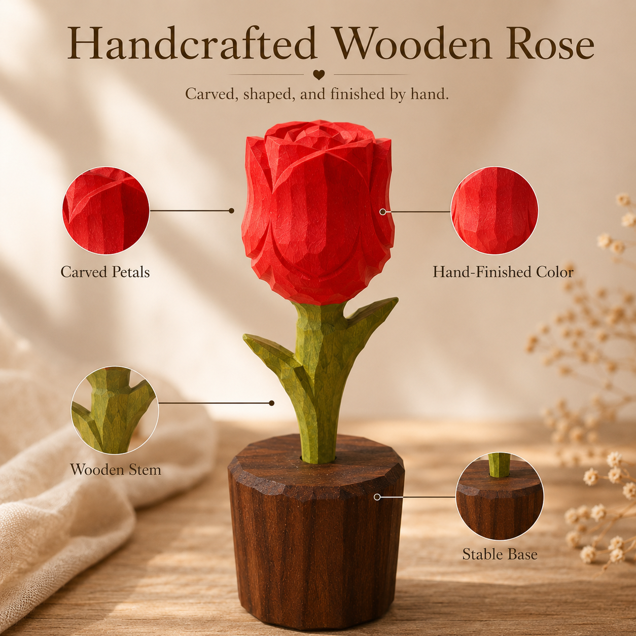 Handmade Wooden Rose – 5th Wood Anniversary Gift for Wife, Forever Rose Keepsake