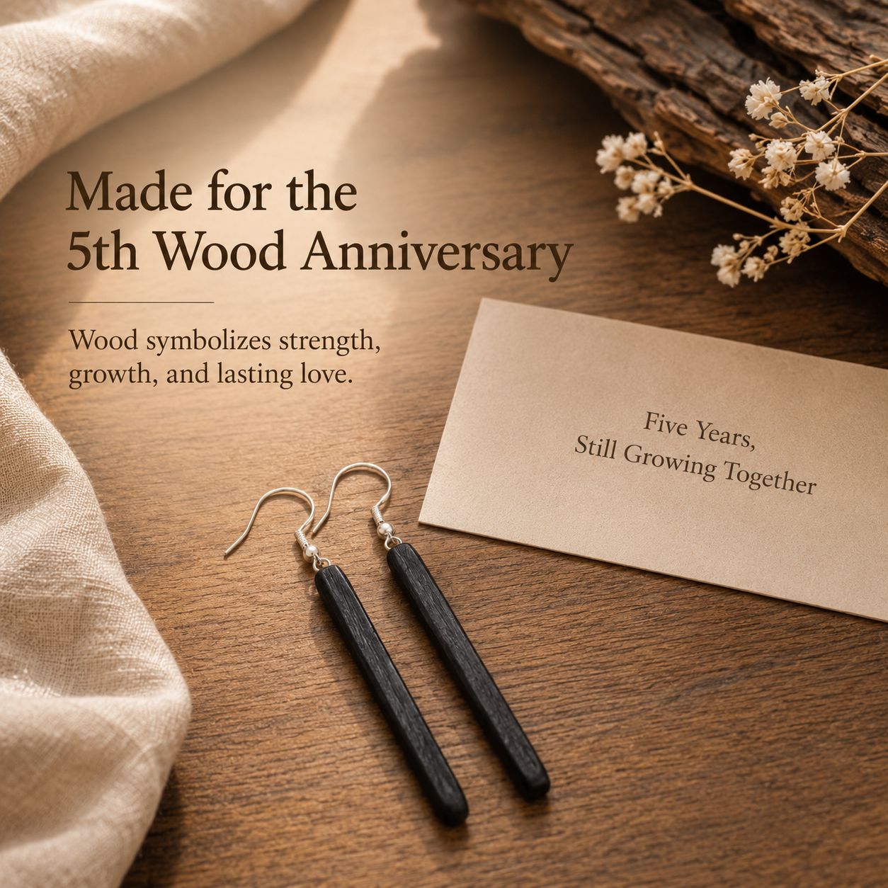 Handmade Ebony Wood Long Drop Earrings – 5th Wood Anniversary Gift for Wife, Minimalist Bar Earrings with 925 Silver Hooks, 2 Finishes
