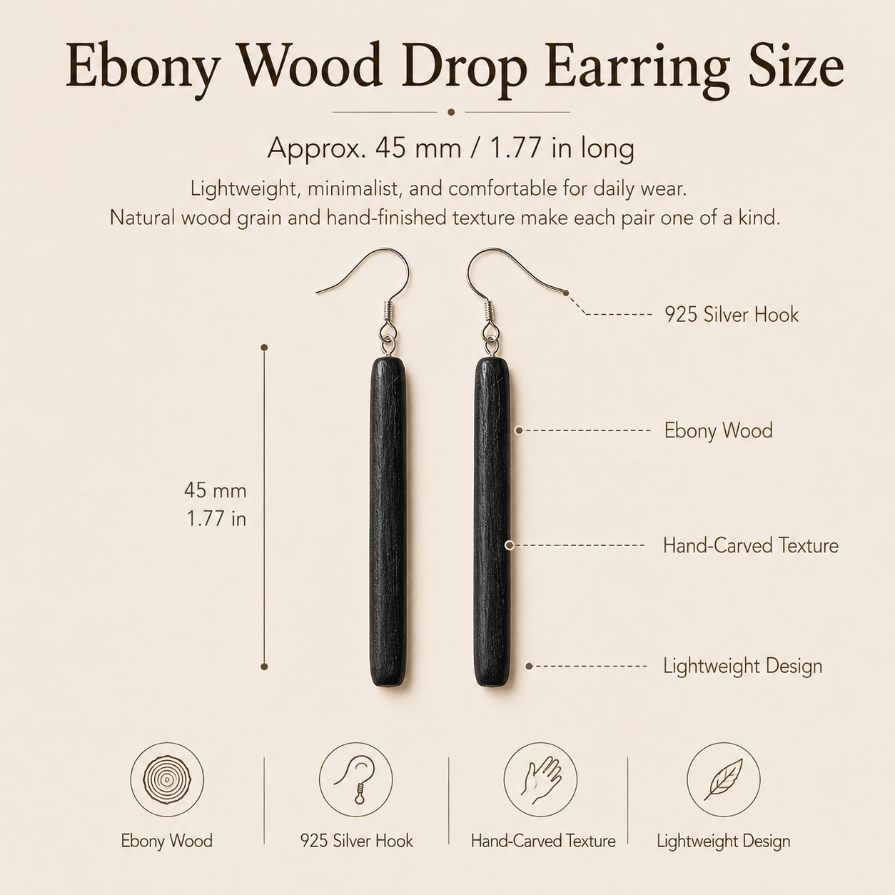 Handmade Ebony Wood Long Drop Earrings – 5th Wood Anniversary Gift for Wife, Minimalist Bar Earrings with 925 Silver Hooks, 2 Finishes