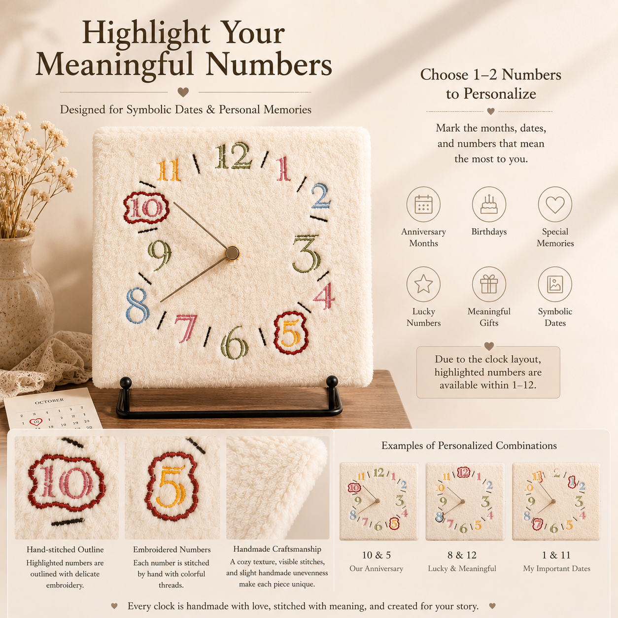 Handmade Personalized Memory Clock — Custom Meaningful Date Embroidered Wall Clock | Cotton & Linen Anniversary Gift | Highlight Your Numbers