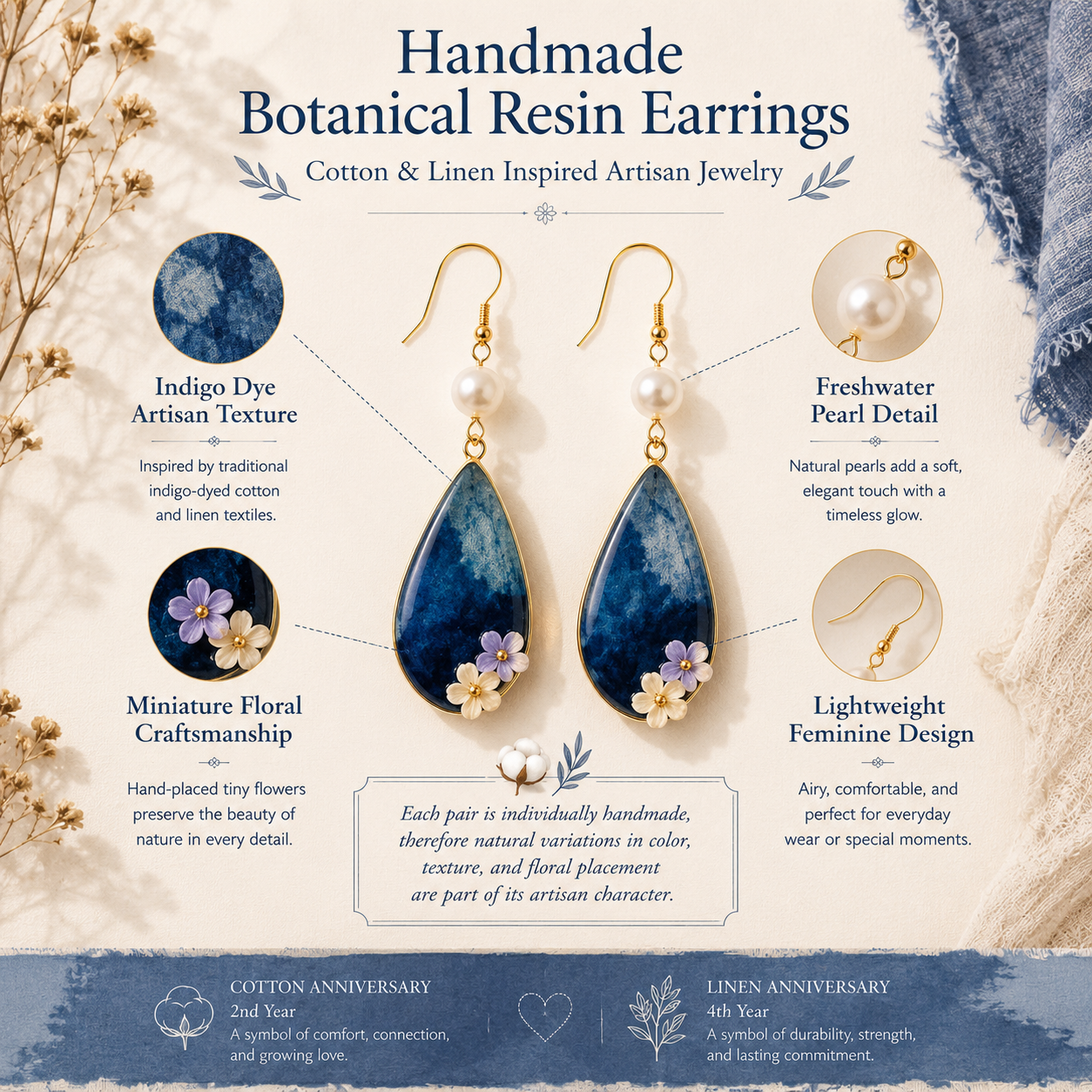 Handmade Botanical Resin Earrings – Cotton & Linen Inspired Artisan Jewelry