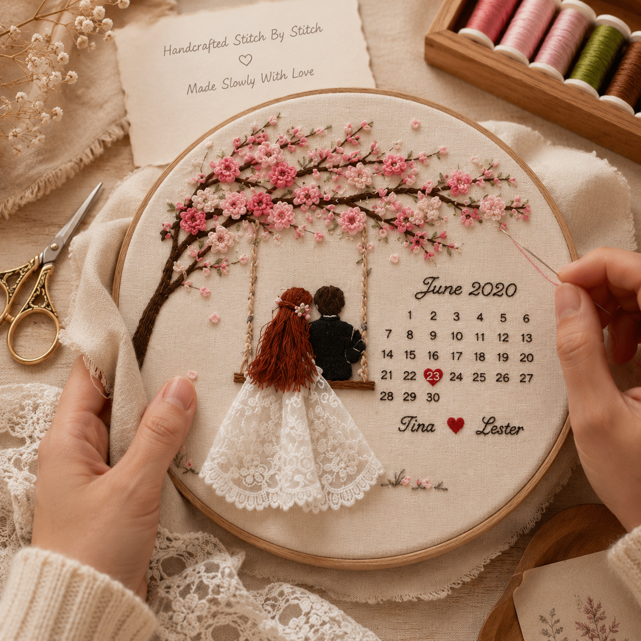 Personalized Embroidered Cherry Blossom Anniversary Frame – Custom Couple Calendar Keepsake | 2nd, 4th & 5th Anniversary Gift