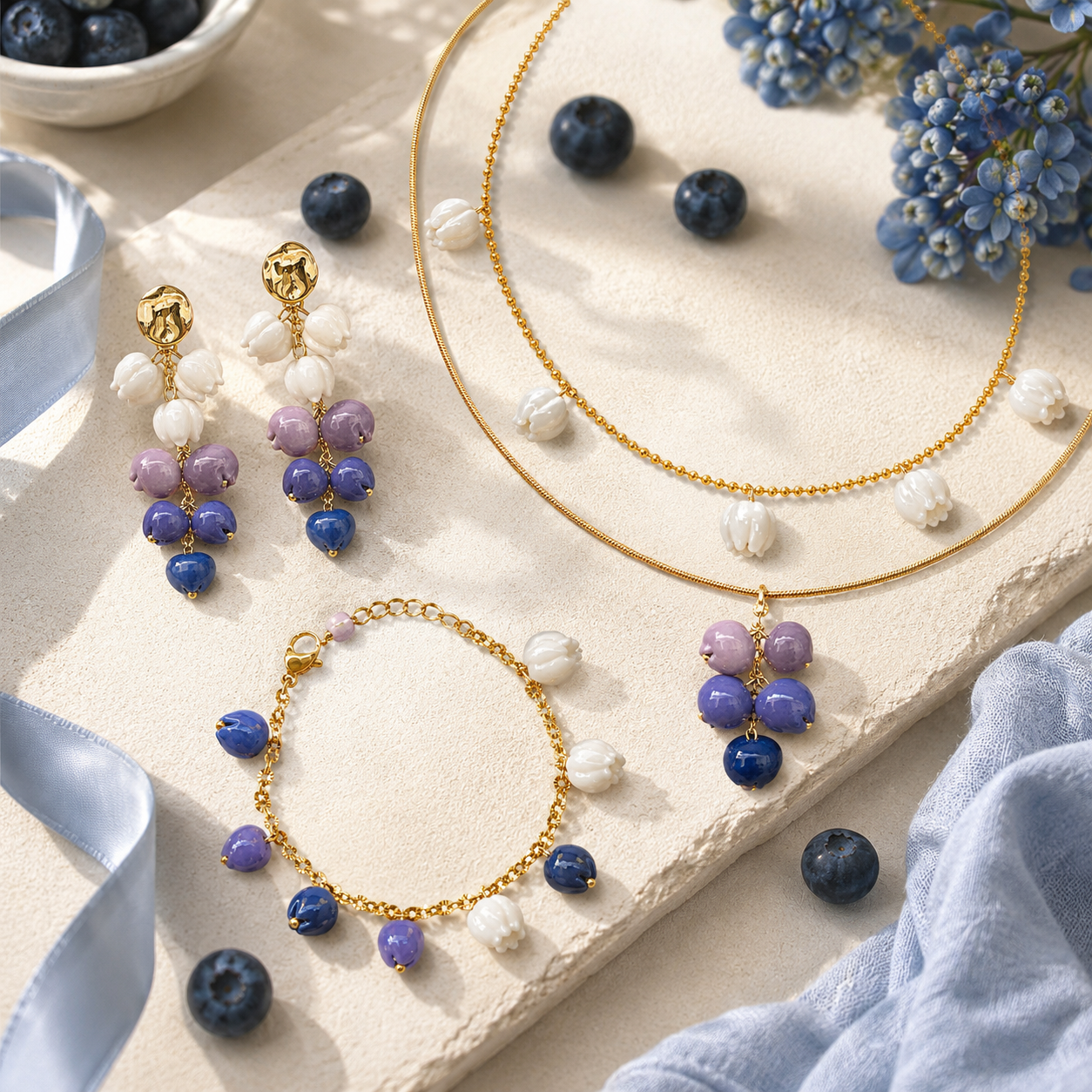 Handmade Porcelain Blueberry Jewelry Set – Necklace & Earrings