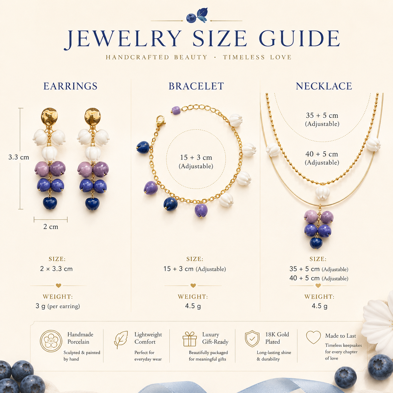 Handmade Porcelain Blueberry Jewelry Set – Necklace & Earrings
