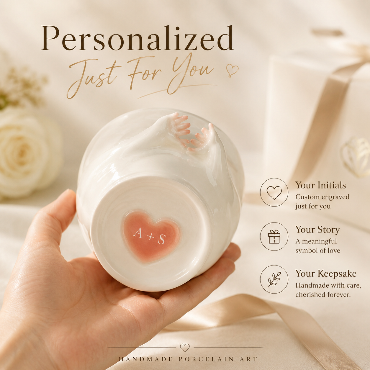 Personalized Heart Hands Porcelain Cup – Custom Initials Anniversary Gift