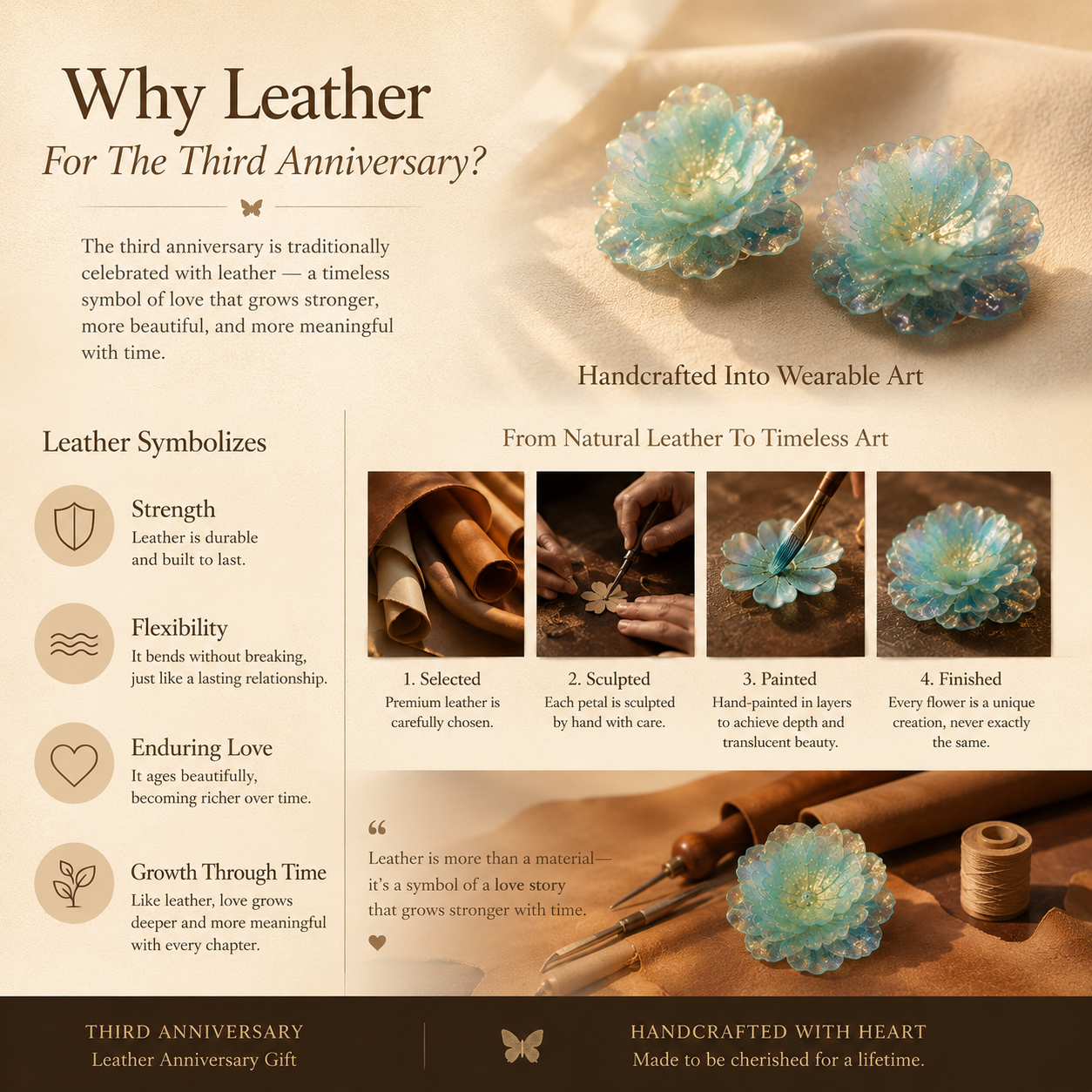 Handcrafted Leather Sculpture Flower Earrings — Translucent Blue-Green Petals | Wearable Art | 3rd Leather Anniversary Gift for Her