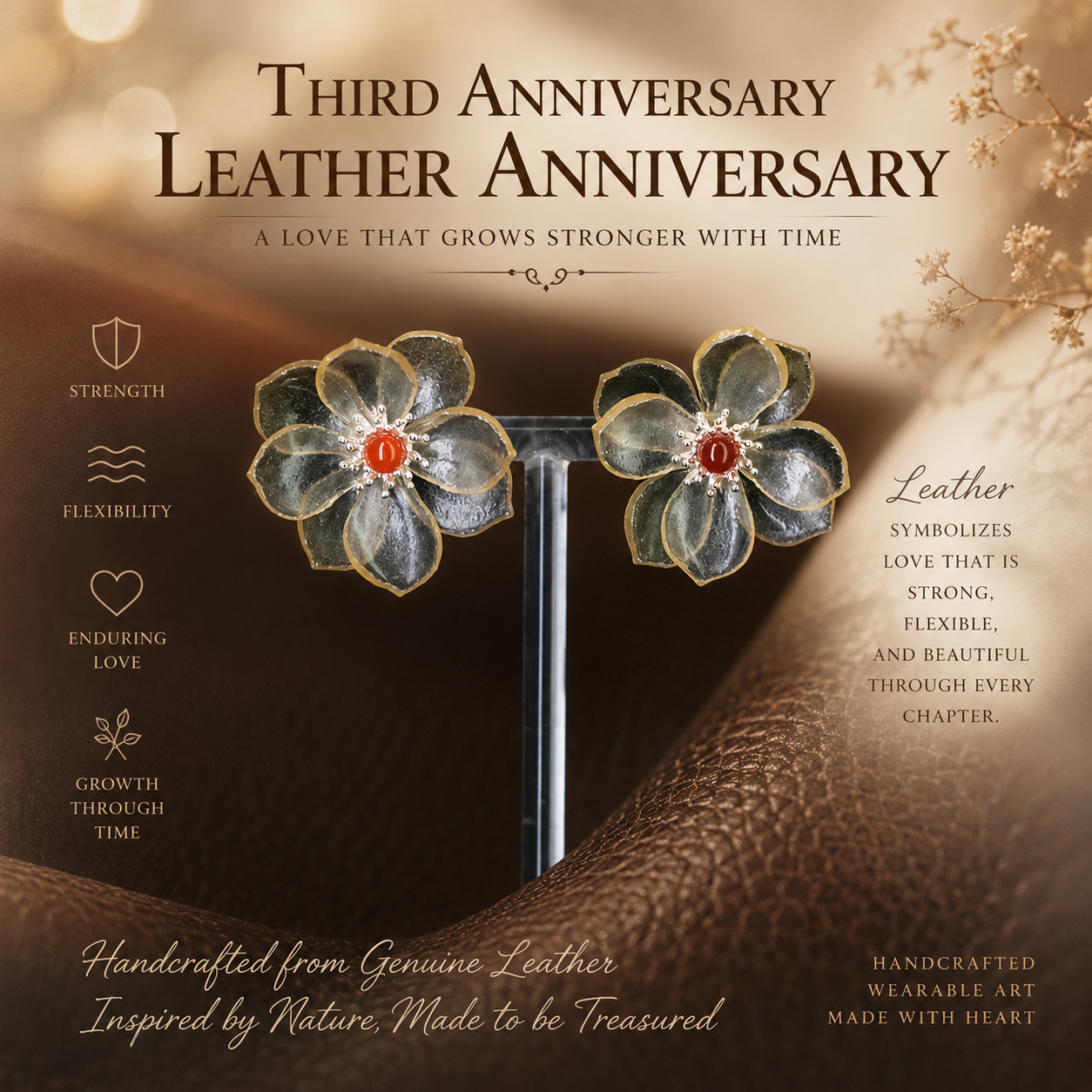 Handcrafted Leather Flower Stud Earrings — Translucent Petals & Coral Red Center | 3rd Leather Anniversary Gift for Her