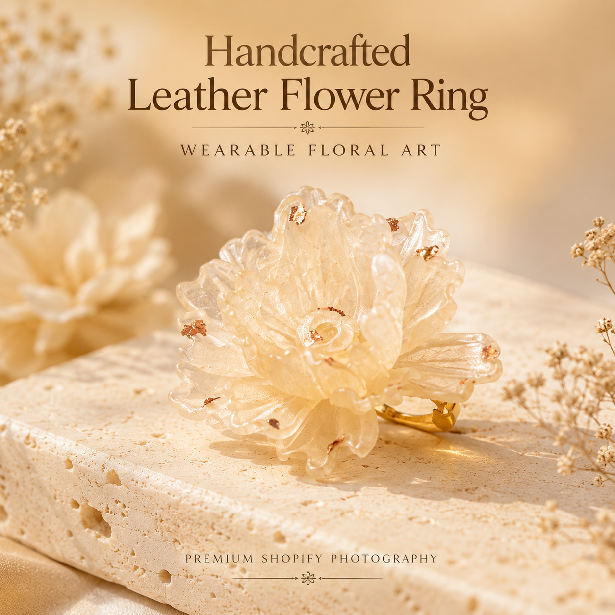 Handcrafted Leather Flower Statement Ring — Translucent Ivory Petals & Gold Shimmer | Adjustable Open Band | 3rd Leather Anniversary Gift for Her