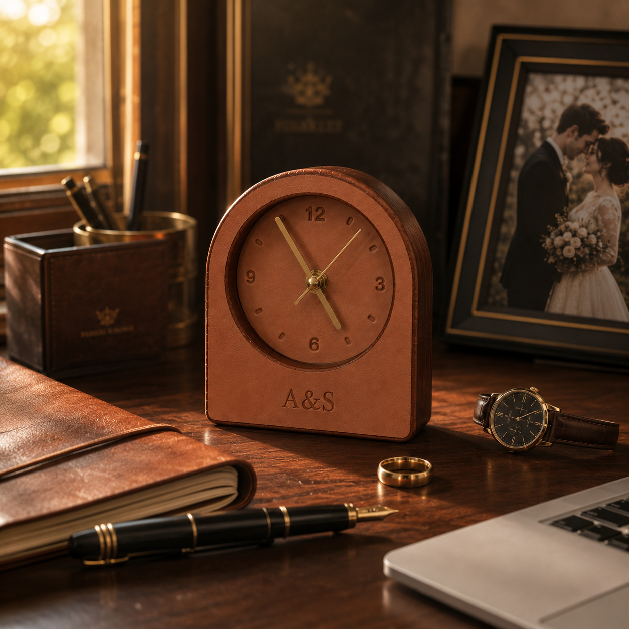 Personalized Full-Grain Leather Desk Clock — Custom Initials & Date | Silent Sweep | 3rd Leather Anniversary Gift
