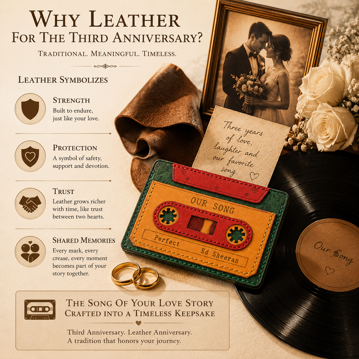 Personalized Leather Cassette Tape Wallet — Custom Song Title & Date | 3rd Leather Anniversary Gift for Him & Her