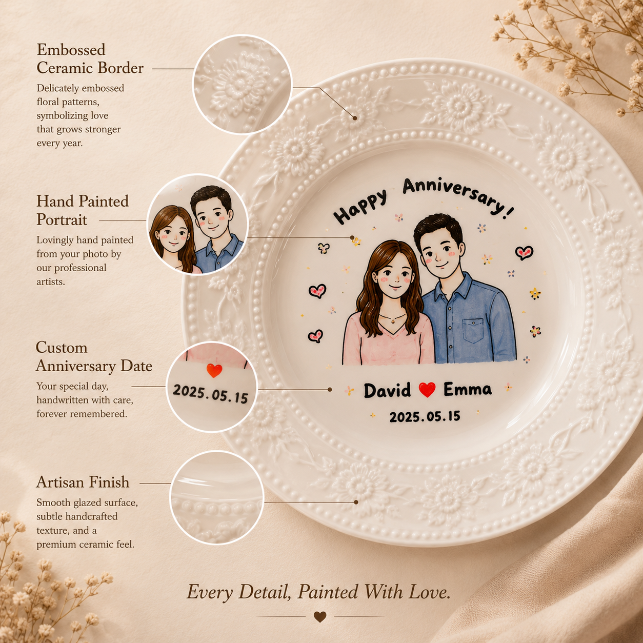 Personalized Hand-Painted Ceramic Portrait Plate – Anniversary Gift