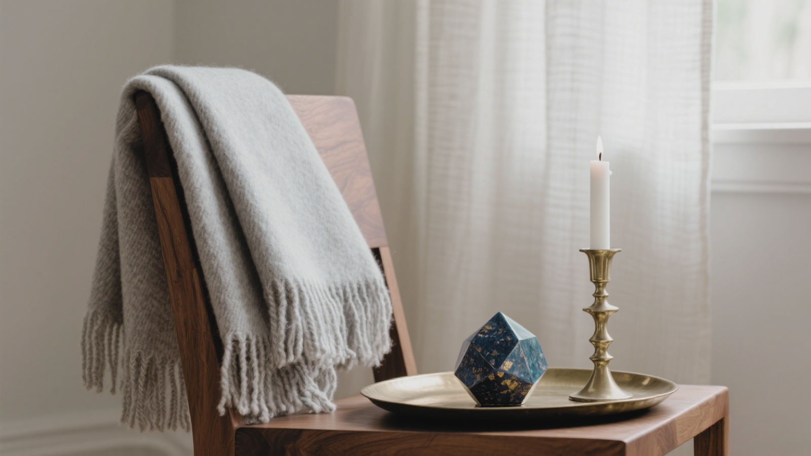 A wooden chair with a soft blanket, a brass candlestick, and a geometric crystal on a tray. Creates a warm, homely vibe – a thoughtful anniversary gift for cozy togetherness. 
