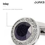 Crystal mosaic detail on white gold plated cufflinks, highlighting inlay craftsmanship.