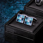 Cufflinks with included box, carrying bag, and cleaning cloth.