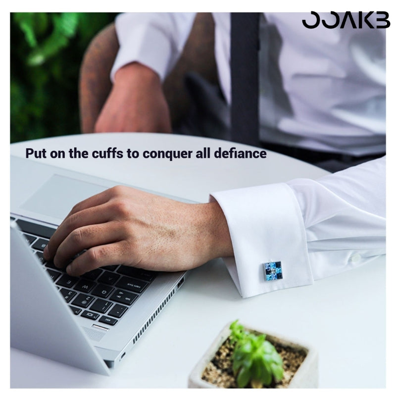 Cufflinks with text about confidence and style when worn.