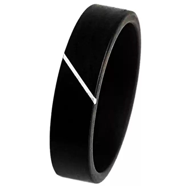 This elegant black ebony ring features a sleek silver inlay, making it a perfect customized wooden wedding gift. Handmade and personalized, it adds a touch of sophistication to any special day.