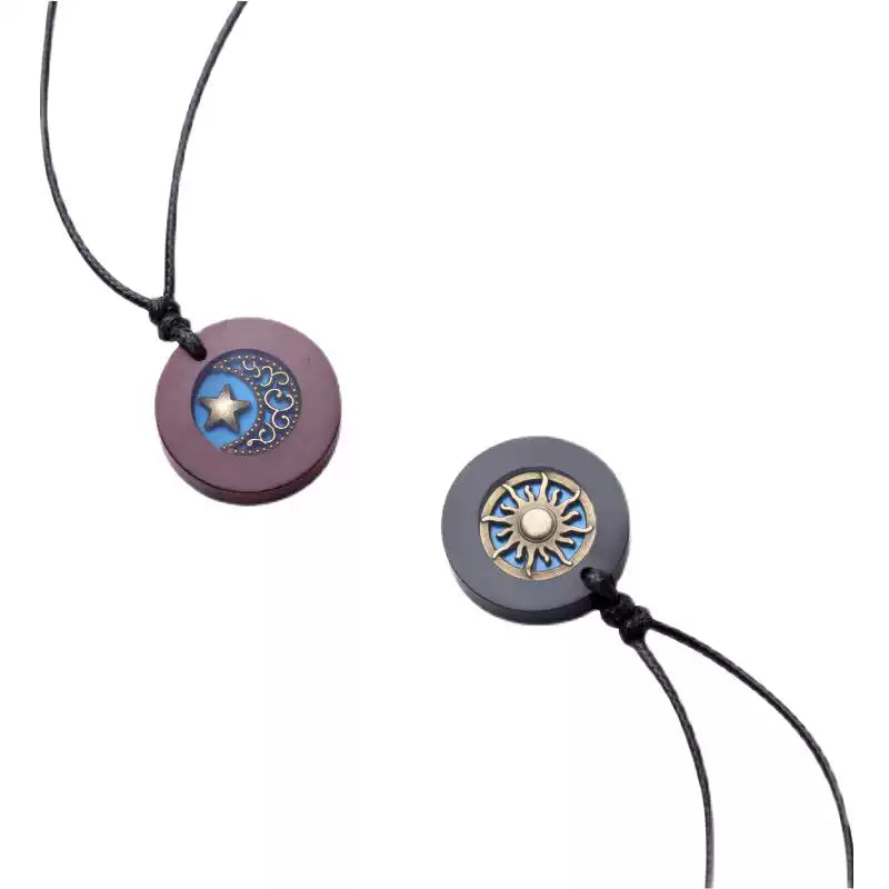 This necklace features a round sandalwood pendant with a sun design in the center. The pendant is attached to a black cord. It's a great customized wooden wedding gift, perfect for couples and friends on Valentine's Day.