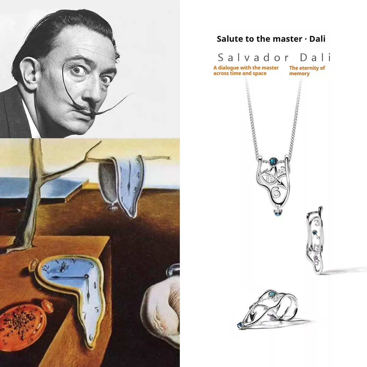Comparison of Dali’s melting clocks and the necklace, merging surreal art with 1st anniversary symbolism.