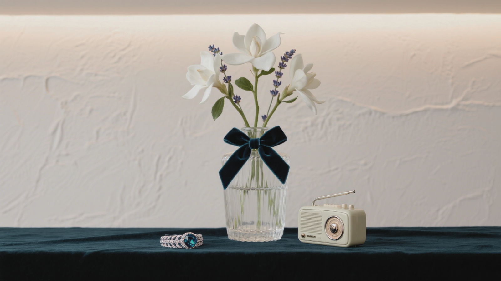 White flowers in a glass vase with a velvet bow, a retro radio, and an elegant bracelet. Combines romance and tranquility, a unique anniversary gift for creating cozy moments.
