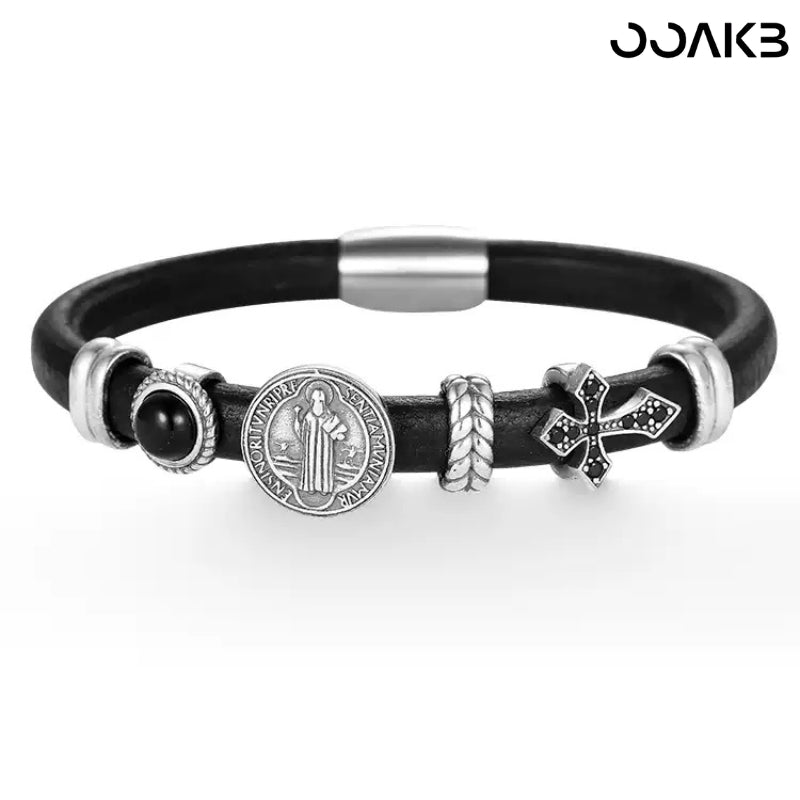 Customized vintage leather bracelet with black agate, 3rd Leather Wedding gift.