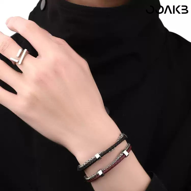 Customized leather bracelet worn, stylish for 3rd Leather Wedding celebration.