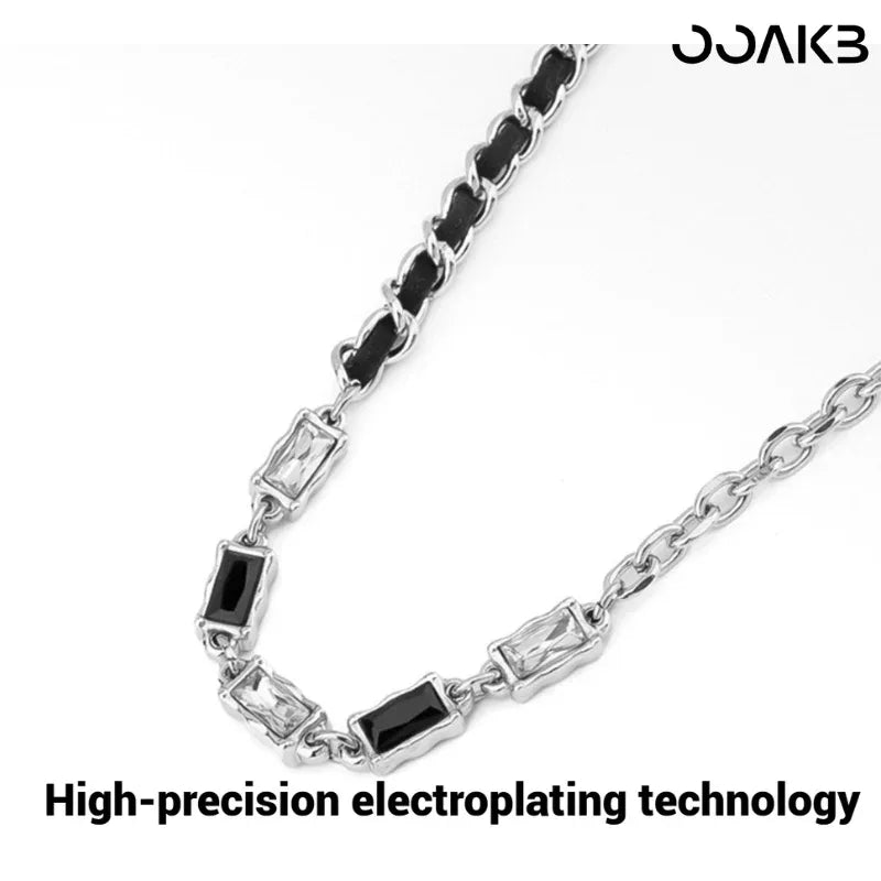 Leather Wedding Necklace - Gemstone Inlaid Leather Cord Titanium Steel - OOAKB