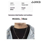 Leather necklace specs: 50+5cm length, titanium steel, silver, ≈27g for 3rd anniversary.