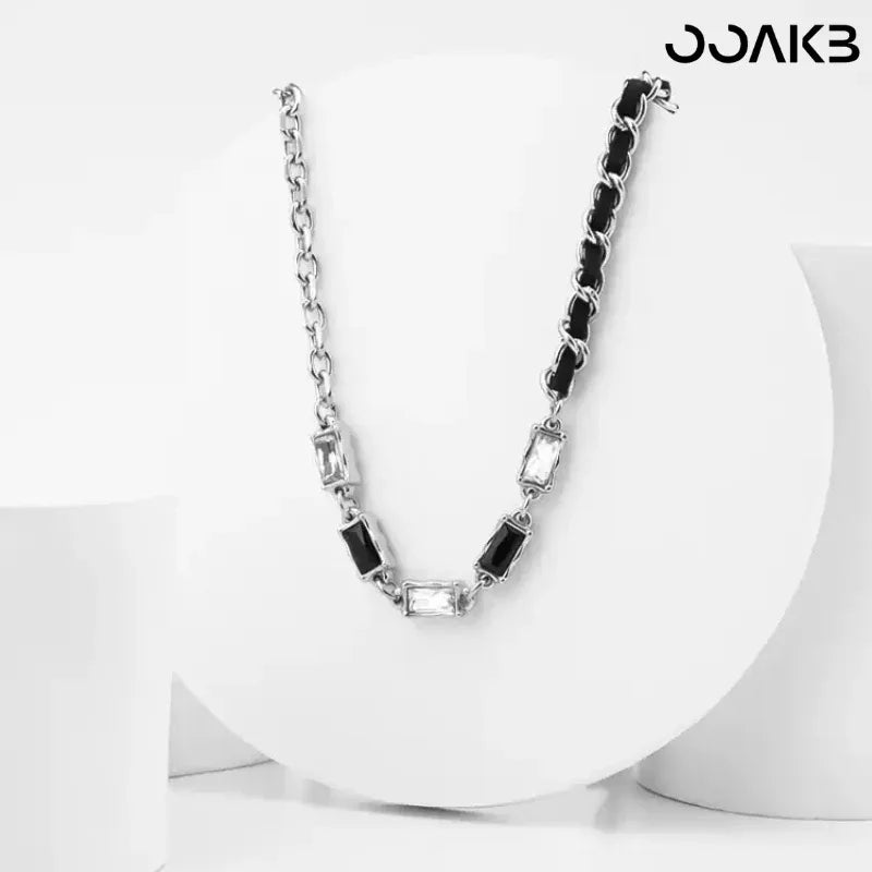 Leather Wedding Necklace - Gemstone Inlaid Leather Cord Titanium Steel - OOAKB