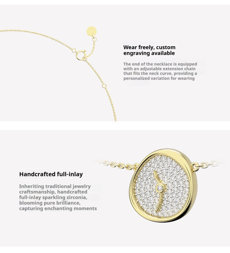 Adjustable 40-50cm extension chain and zirconia-encrusted clock face, highlighting custom engraving options for paper anniversary.