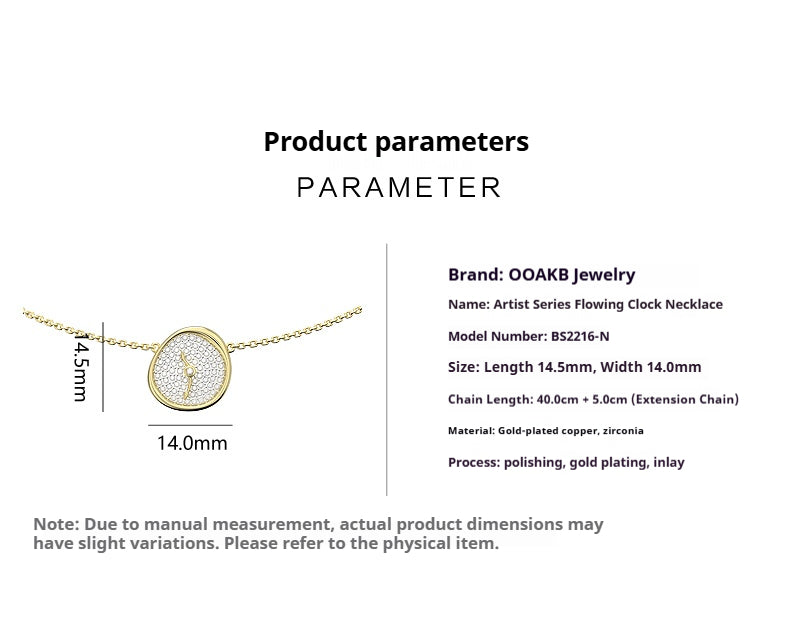Gold-plated copper clock necklace specs for 1st paper anniversary, including zirconia inlay, 40-50cm adjustable chain, and size details.