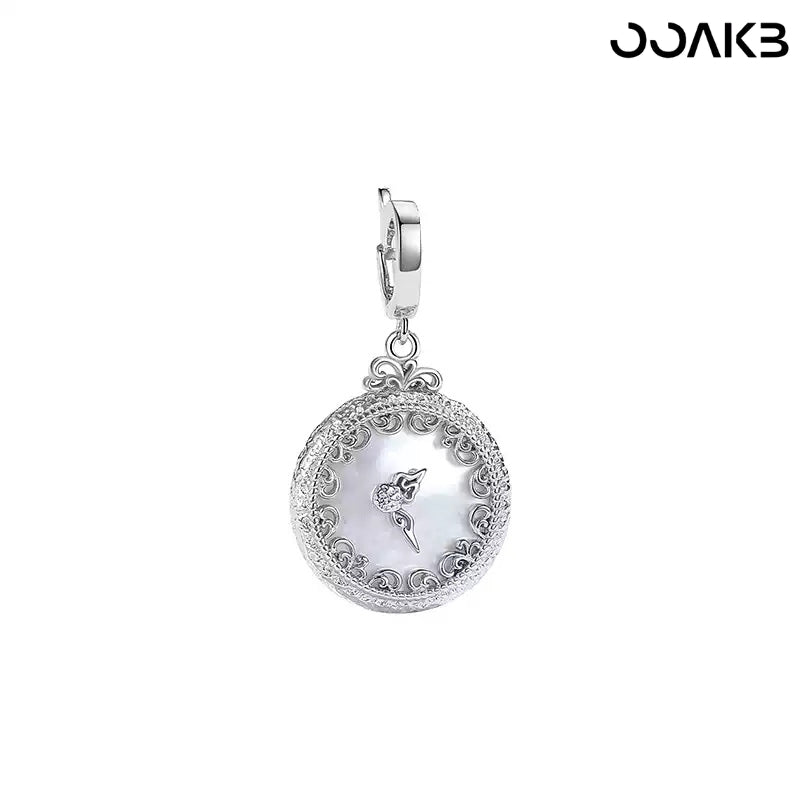 Customized 925 silver clock pendant with mother-of-pearl, ideal for 1st anniversary gifting.