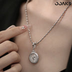 Close-up of 925 silver clock pendant on neck, perfect customized gift for 1st anniversary.