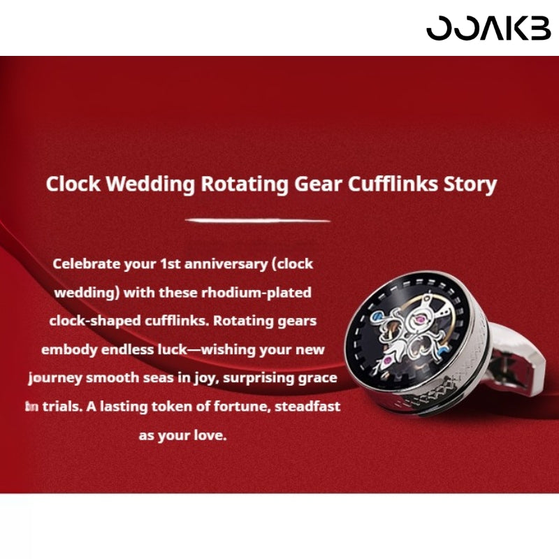 Hand-assembled tourbillon movement in gear cufflinks, symbolizing timeless love.