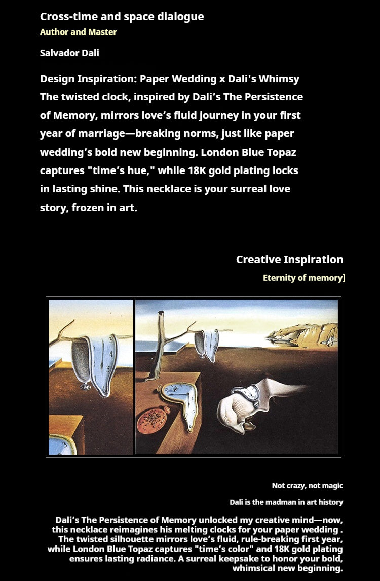 Design narrative of Dali-inspired clock necklace, linking artistic legacy to love’s journey.