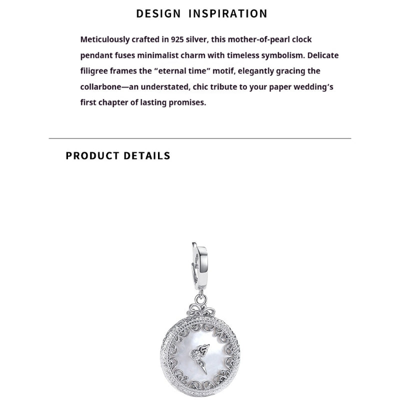 Design story of 925 silver clock pendant, merging timeless symbolism with paper wedding.