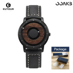 Pointer-free clock watch with black leather strap, sleek design for 1st anniversary.