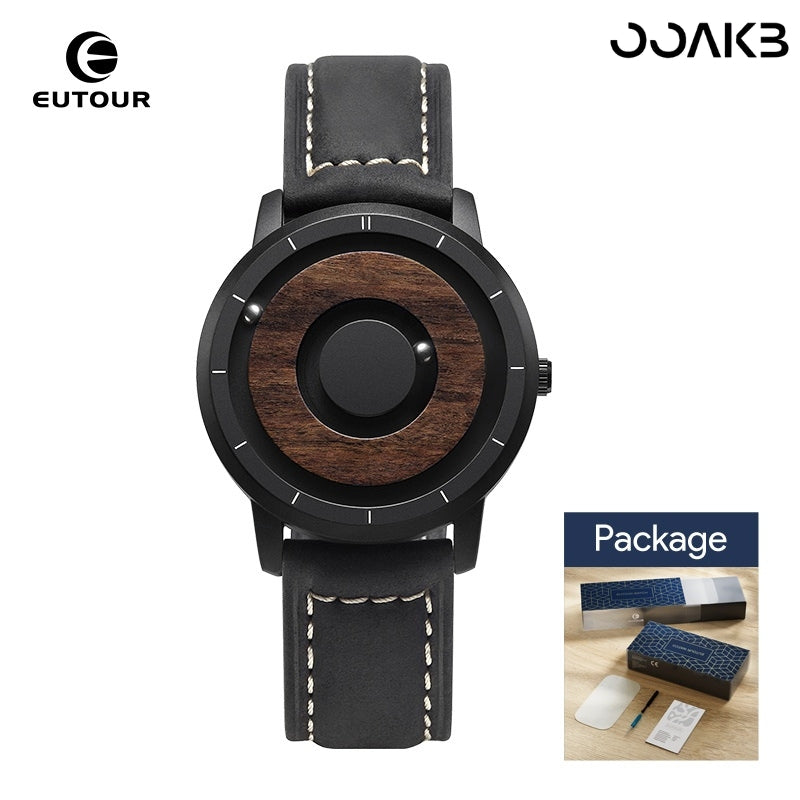 Pointer-free clock watch with black leather strap, sleek design for 1st anniversary.