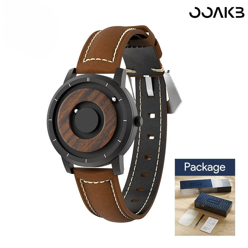Pointer-free clock watch with brown leather strap, personalized paper wedding gift.