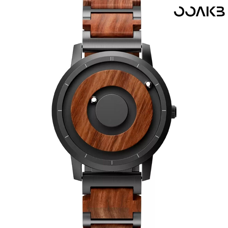 Close-up of magnetic bead on wood dial, unique time design for paper wedding.