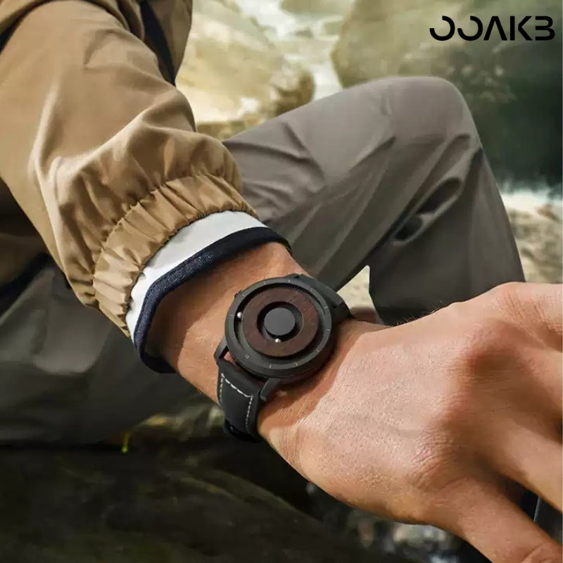Man wearing pointer-free clock watch with wood dial, perfect for 1st anniversary adventure.