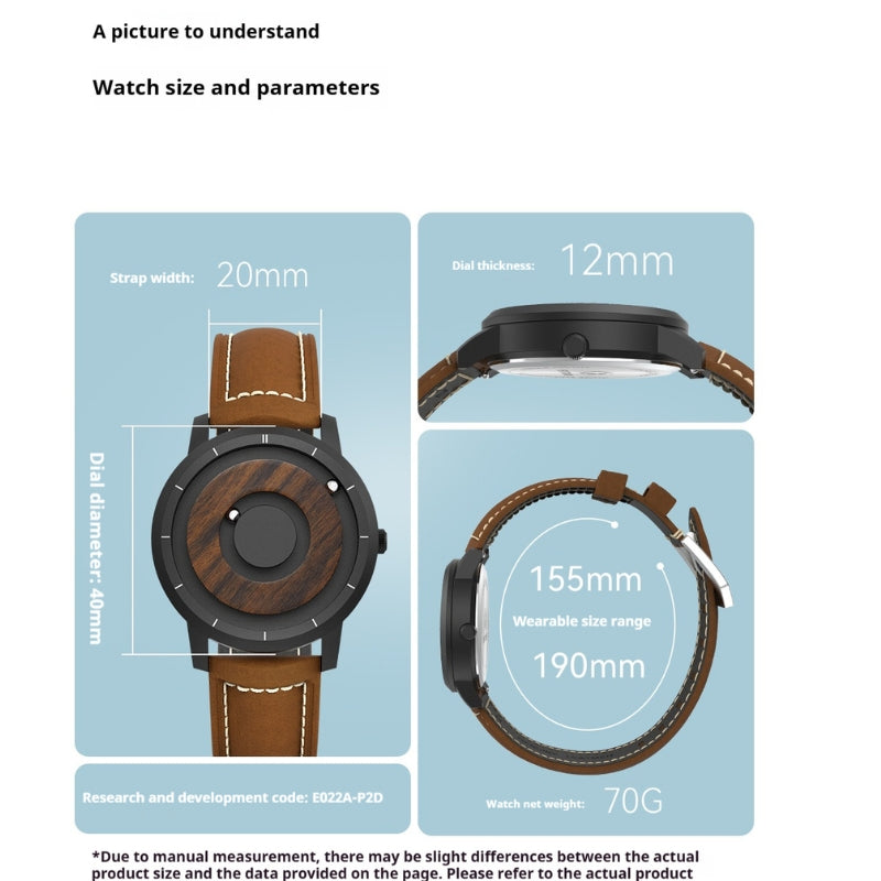 Specs of pointer-free clock watch (40mm dial, 20mm strap) for customized gifting.