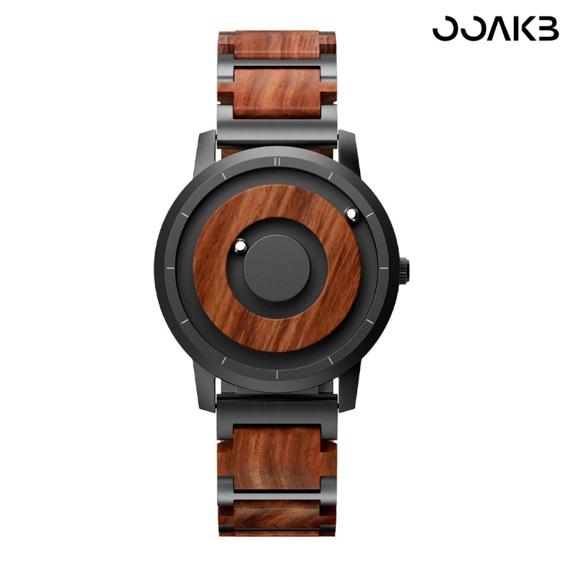 Pointer-free clock watch with wood-steel strap, unique texture for paper wedding.