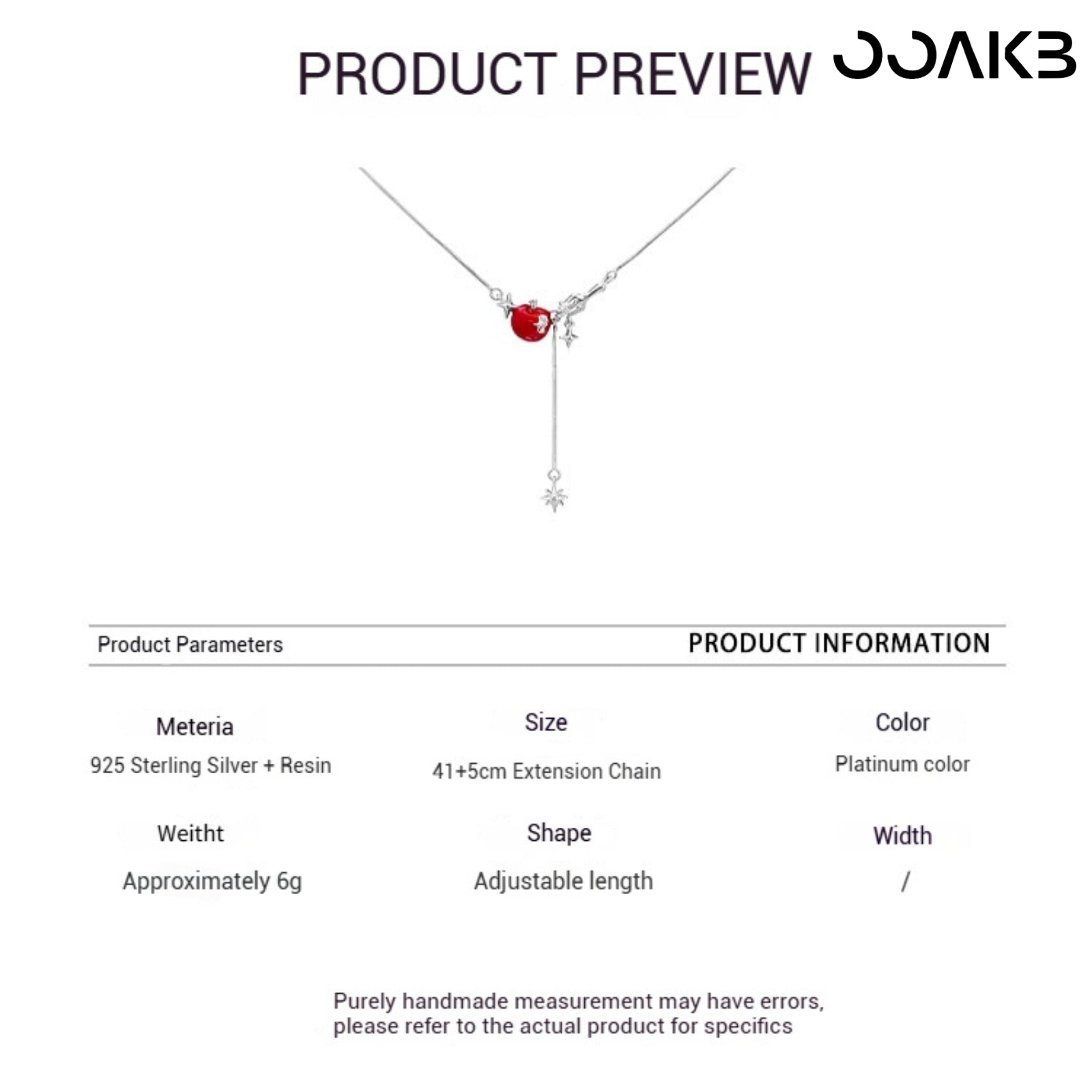 Product specs of red apple necklace: 925 sterling silver + resin, 41+5cm chain, ≈6g.