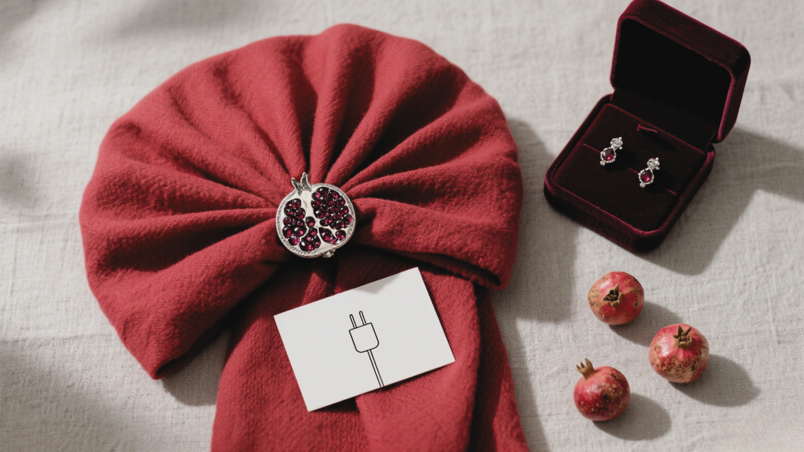 Red fabric adorned with a pomegranate brooch, matching earrings, and fresh pomegranates. The pomegranate symbolizes prosperity, making this set a meaningful anniversary gift filled with good wishes. 