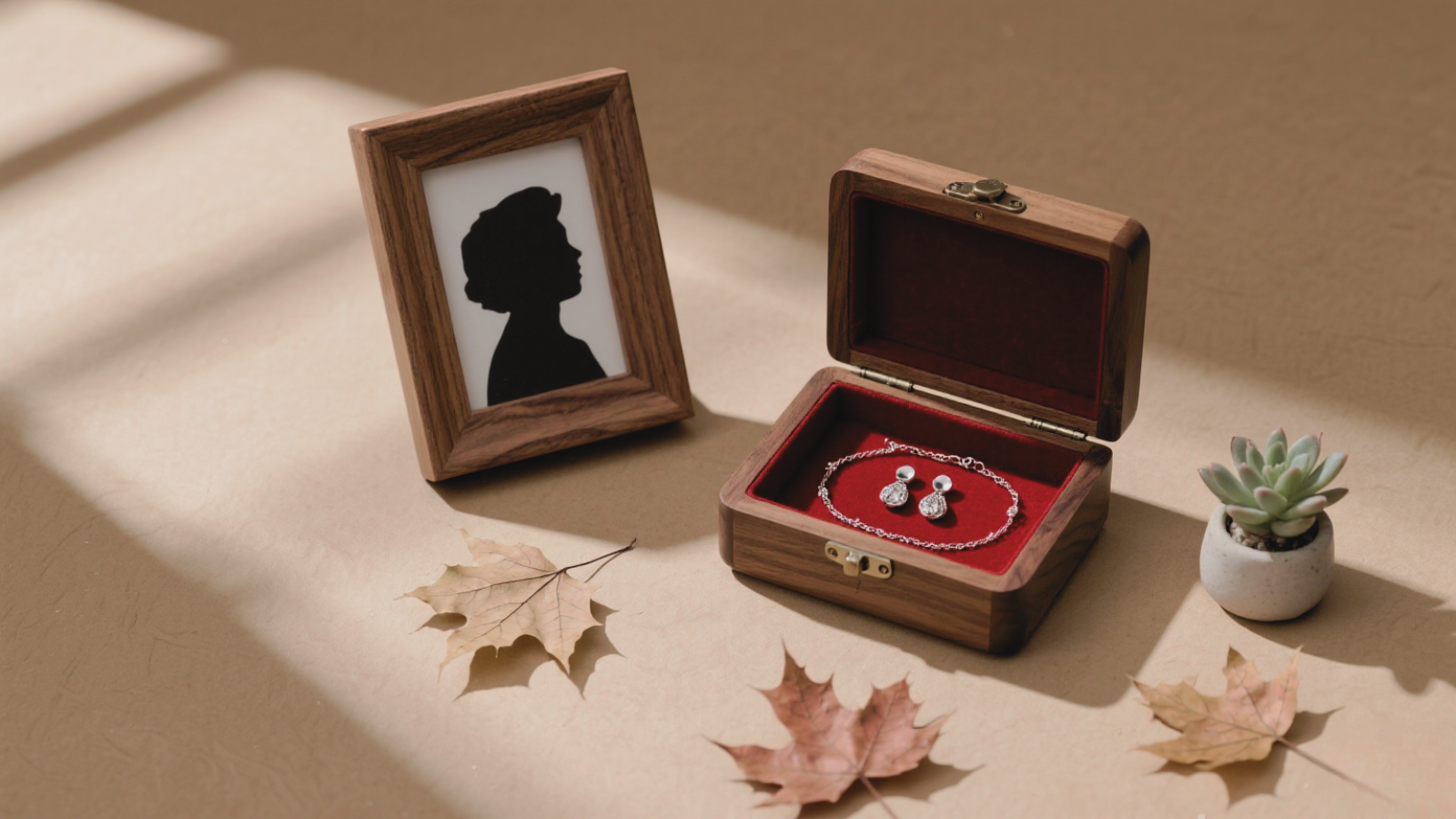 A wooden frame with a silhouette, a velvet - lined jewelry box holding delicate earrings and a bracelet, surrounded by autumn leaves. A personalized gift to cherish wedding memories. 